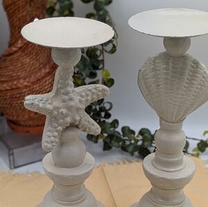 Coastal Beach Candle Holders Starfish & Seashell Distressed White Cottage Decor